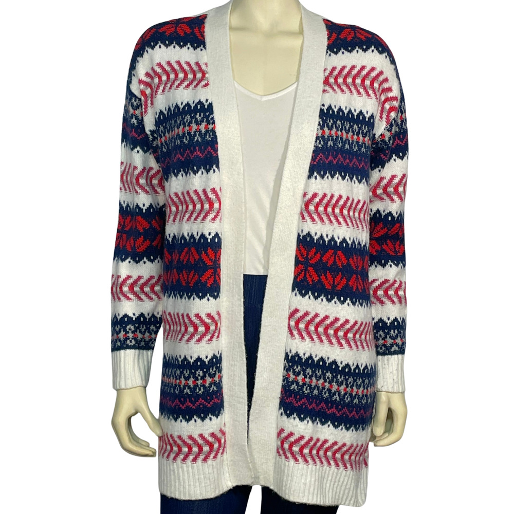 3-FOR-$30 St John's Bay Petite Sz SP Long Open Cardigan Fair Isle Knit Red & Wht